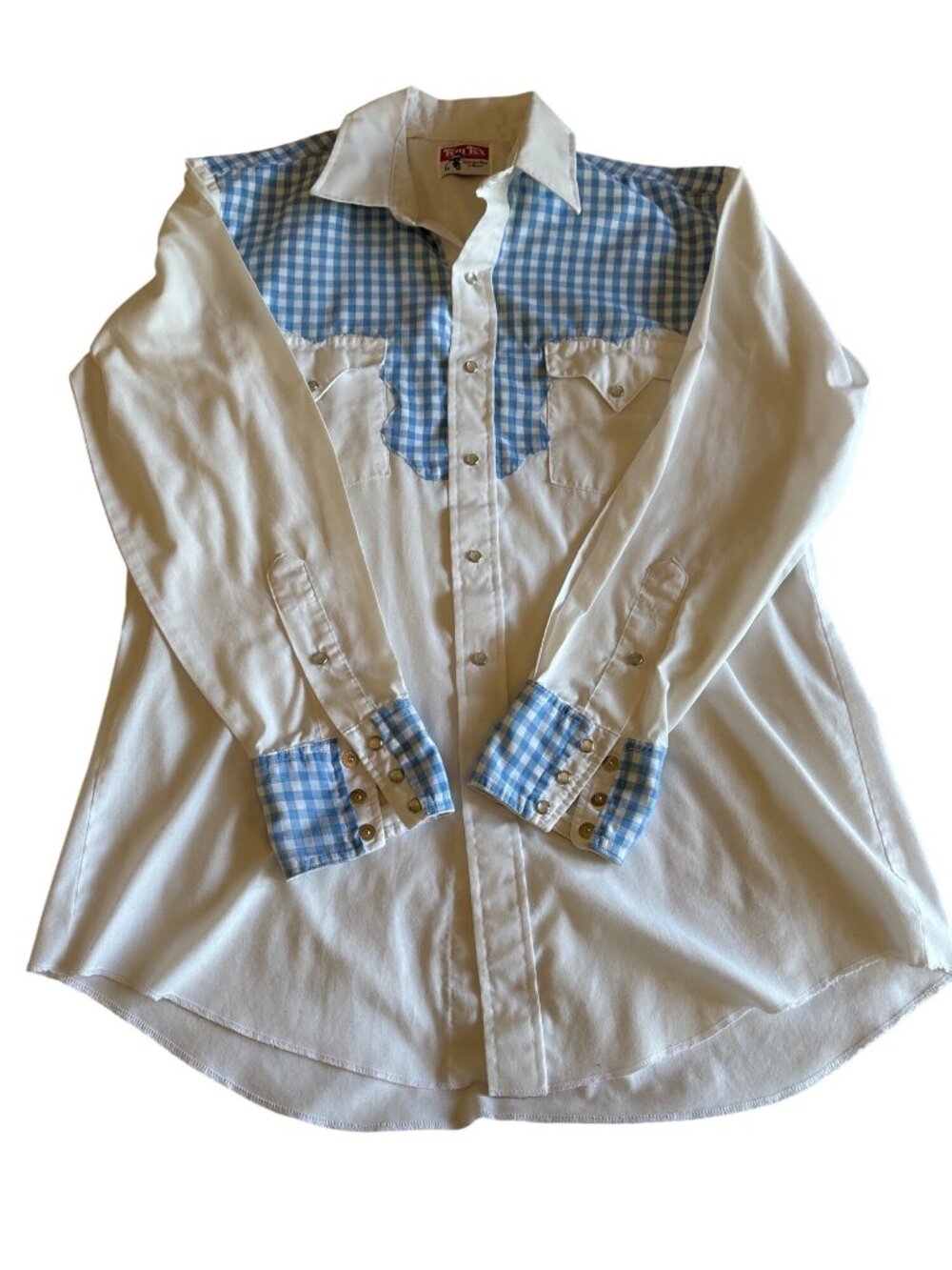 Tom Tex Western Shirt Long Sleeve Snap Gingham White & Blue Cotton Blend Mens M